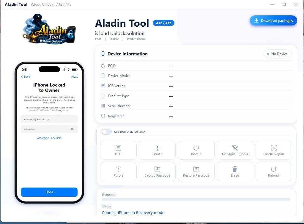Aladin Tool - Icloud a12/a13 Bypass ECID Register (Hello + Passcode) Ramdisk ios 26.X Support