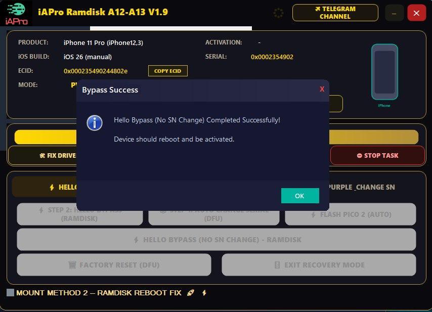 iAPro Ramdisk A12/ A13 Bypass Hello No Signal/ Passcode Full Signal (Windows Tool)